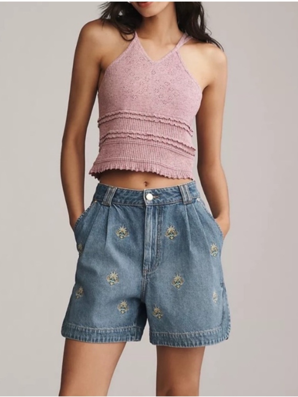 FARM Rio Blue Denim Embroidered Palm-Tree Shorts NWT